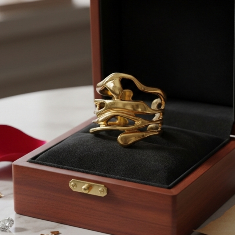 Gold Abstract Cage Ring with Modern Design
